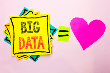 Text sign showing Big Data. Conceptual photo Huge Data Information Technology Cyberspace Bigdata Database Storage written Stacked Sticky Note Papers the plain background with Heart next to it.