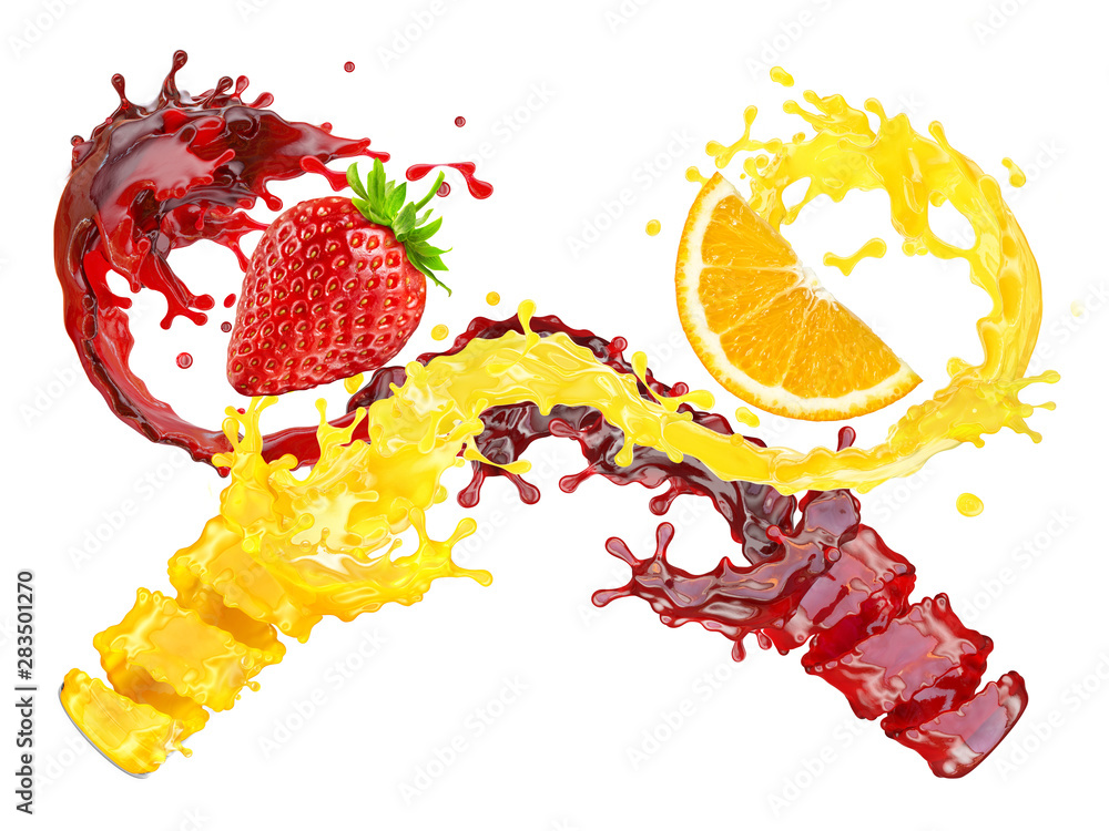 Wall mural Orange strawberry fruit juices mix cocktail liquid swirls 3D splashes. Healthy fruits juice, smoothie splashing together - orange, strawberry juices in two wave swirls form. Drink label design element