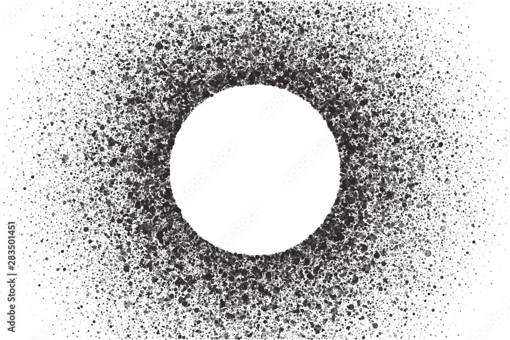 Poster abstract scattered particles round frame isolated on white background. spray effect. scatter falling