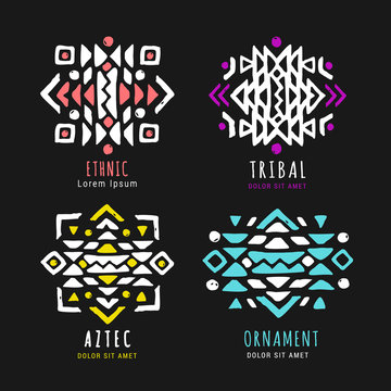 Colorful Aztec style ornamental hand drawn logo set. American indian ornate pattern design collection. Tribal decorative templates. Ethnic ornamentation. EPS 10 vector illustration.