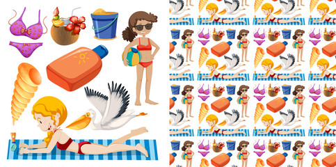 Seamless background design with isolated set of summer holiday
