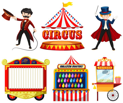 Circus theme objects with magician, tent, cage, games and food stall