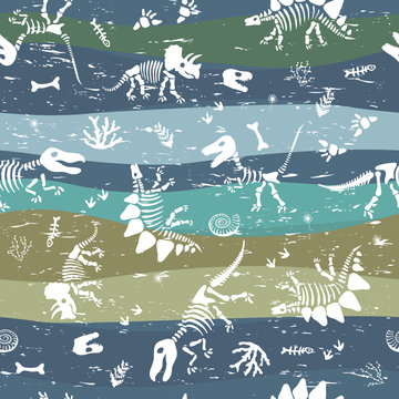 Seamless pattern with dinosaur bones and prehistoric plants. Pattern for children's fabrics with scuffs.