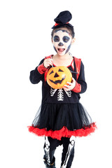 little girl holding jack o lantern pumpkin basket