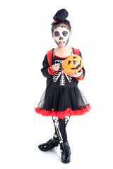 little girl holding jack o lantern pumpkin basket