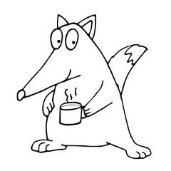 Fox with a mug of hot coffee tea. Coloring book vector illustration