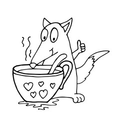 Fox with a mug of hot coffee tea. Coloring book vector illustration