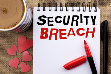 Conceptual hand writing showing Security Breach. Business photo showcasing Unauthorized access to Data Network Applications Devices written Notebook Book the jute background Cup Hearts Pen