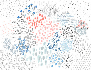 Gentle floral background. Artistic header with flowers and leaves. Vector