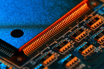 Electronic circuit board close up.