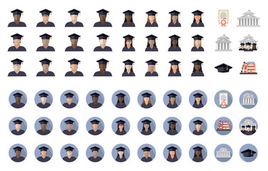 large student set of students boys and girls of different races, nationalities and skin colors, University, diploma, books, graduate hat, color images and in circle with shadow, icon, Sign, logo