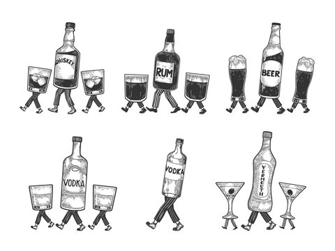 Whiskey beer vodka alcohol vermouth bottle with ice and glasses walks on its feet sketch engraving vector illustration. Scratch board style imitation. Black and white hand drawn image.