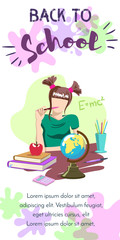 Obraz premium Vertical banner. Cute girl studying at school. School supplies. Vector illustration.
