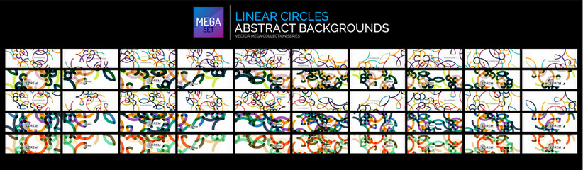 Mega set of abstract backgrounds. Multicolored linear circle shapes on light wallpaper.