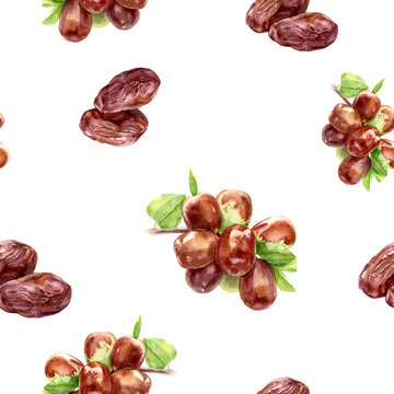 Date fruit hand drawn watercolor illustration. Seamless pattern.