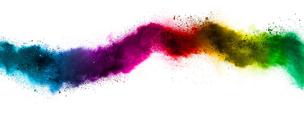 Red powder explosion on white background. Colored cloud. Colorful dust explode. Paint Holi.