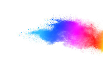Red powder explosion on white background. Colored cloud. Colorful dust explode. Paint Holi.