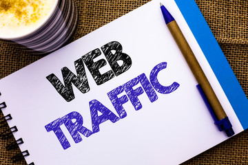 Conceptual hand writing showing Web Traffic. Business photo showcasing Internet Boost Visitors Audience Visits Customers Viewers written Notebook Book the jute background Pen and Cup