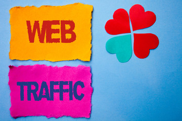 Text sign showing Web Traffic. Conceptual photo Internet Boost Visitors Audience Visits Customers Viewers written Tear Papers the Blue background Hearts next to it.