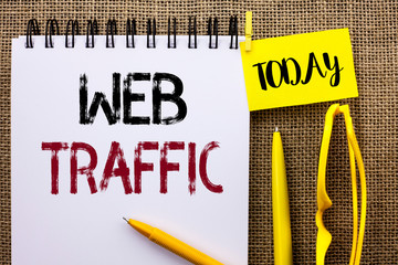 Handwriting text Web Traffic. Concept meaning Internet Boost Visitors Audience Visits Customers Viewers written Notebook the jute background Today Pens and Glasses next to it.