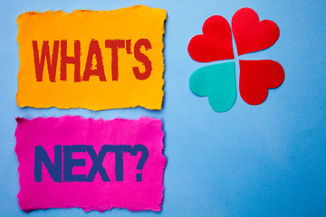 Text sign showing What s Next Question. Conceptual photo Asking Imagination Choice Solution Next Questionaire written Tear Papers the Blue background Hearts next to it.