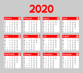 calendar 2020, the week begins on Sunday, the main business template in red and white on a gray background, vector illustration