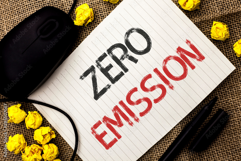 Aufkleber word writing text zero emission. business concept for engine motor energy source that emits no waste