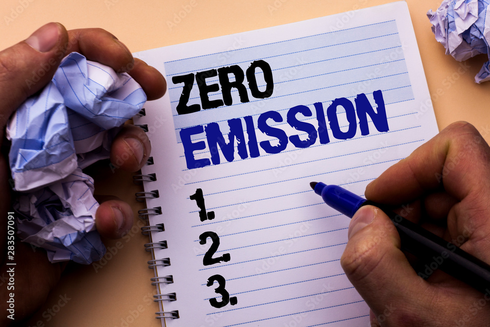 Aufkleber handwriting text zero emission. concept meaning engine motor energy source that emits no waste produ