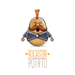 vector funny cartoon cute brown punk rock star potato character with Iroquois isolated on white background. My name is potato vector concept. rock n rock hipster vegetable funky character
