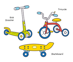 Red kids tricycle, kick scooter and plastic skateboard isolated.