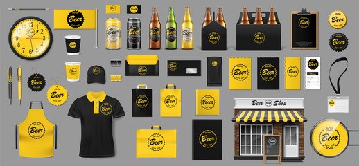 Set of realistic glass bottle, packaging box and aluminum can template design for beer shop. Brewery elements for your Brand Beer Pub or Bar. Vector illustration