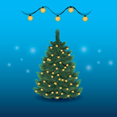 Christmas tree with xmas decorations - garlands,  lamps. Isolated. Merry Christmas and happy new year. Happy holidays logo. Vector illustration. EPS10