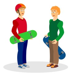 Stylish skaters holding a skateboard in his hands. Color vector graphic illustration for street cultures.