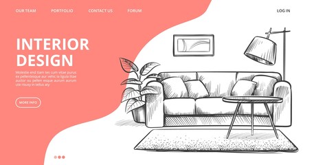 Interior design landing page. Vector sketch of living room. Hand drawn furniture. Illustration of furniture interior room, sketch living apartment