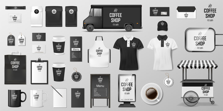 Branding corporate identity set for coffee shop, cafe or restaurant. Coffee mockup design. Realistic set of cardboard, Food delivery truck, cup, pack, shirt, menu