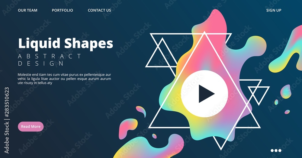 Poster liquid shapes web page. colored dynamic style landing page. vector screensaver for video, conference