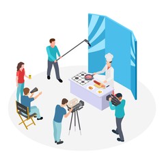 Isometric cooking TV show. Vector chef and film crew. Shooting show. Illustration chef cooking at tv program show, food making