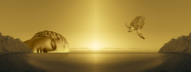 Surreales modernes Konzeptkunstplakat mit Gesicht und Himmel der antiken Statue. Collage zeitgenössischer Kunst. © Ded Pixto