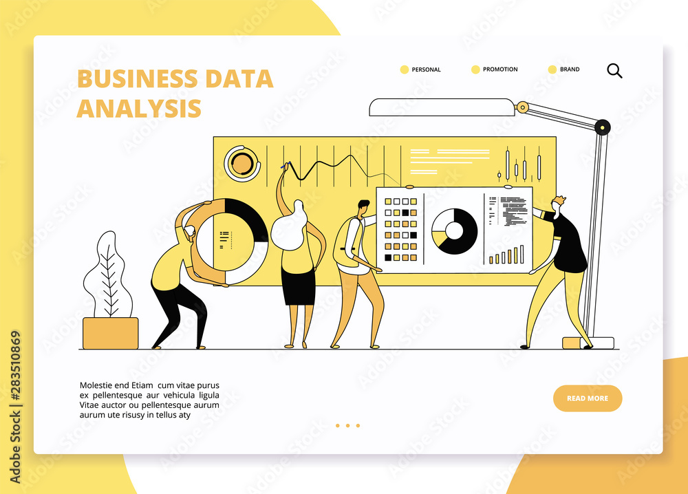Poster data analysis landing page. digital marketing analysts working on statistic charts dashboard. busine