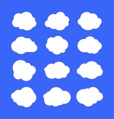 White simple clouds. Thinking bubbles or tags, cloud message abstract shapes. Cumulus isolated on blue sky. Cartoon vector set of clouds in sky, air bubble illustration