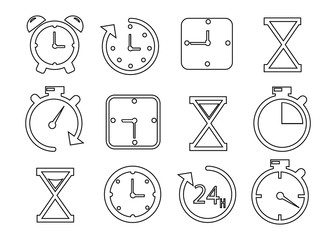 Simple Set of Time Related Vector Line Icons. Contains such Icons as Timer, Speed, Alarm, Restore, Time Management, Calendar and more. Editable Stroke. EPS