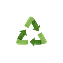 Watercolor green recycling sign isolated on white background. Hand drawn reuse symbol for ecological design. Zero waste lifestyle. 