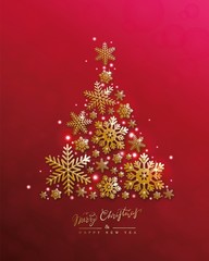 Naklejka na ściany i meble Christmas tree, golden snowflake, lights, red background. New Year Vector Design