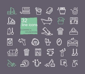 Cleaning and housework Icons, flat design, thin line style