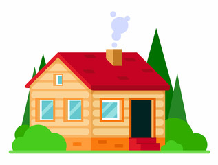 Cartoon log house with red roof. Flat vector illustration. 