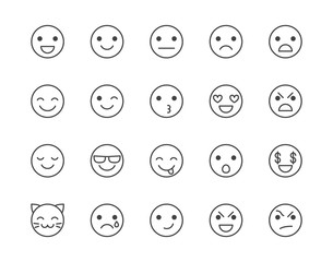 Emotions flat line icons set. Happy face, sad, anger, smile, facial expression emoticon vector illustrations. Outline signs for customer experience feedback. Pixel perfect 64x64. Editable Strokes