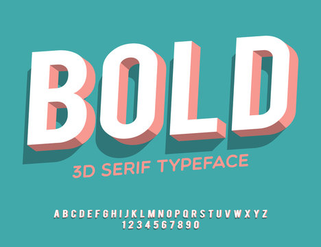 Bold. 3D serif font. Modern type with shadow for brand logotype.