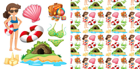 Set of seamless background design with isolated objects theme - summer