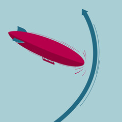 Vector drawn airship and arrows. Isolated on blue background.