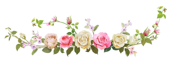 Panoramic view: bouquet of roses, spring blossom. Horizontal border: branches pink, white flowers, buds, green leaves, white background. Digital draw illustration in watercolor style, vintage, vector © analgin12
